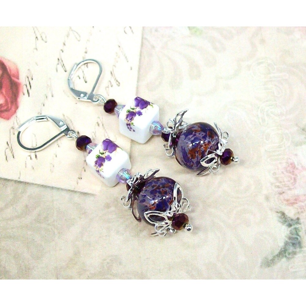 Lampwork Earrings Vintage Style. Bronze, Aubergine Purple, Artisan Crafted Jewel - Picture 5 of 10